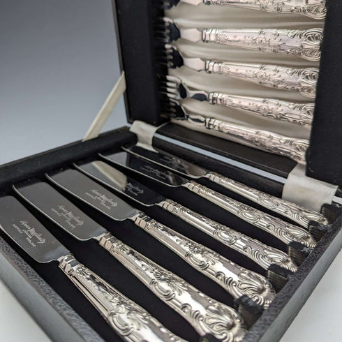 1973 British Vintage Sterling Silver Handle Cutlery 6 Pair Set Boxed Harrison Brothers
