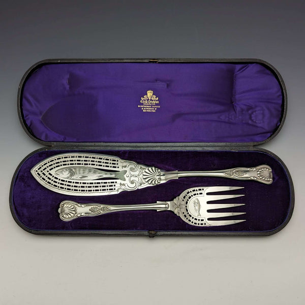 19世纪后期 英国古董 镀银鱼餐具套装 带盒 Levesley Brothers