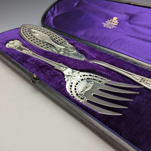 Late 19th century British antique silver plate fish server set in box Levesley Brothers