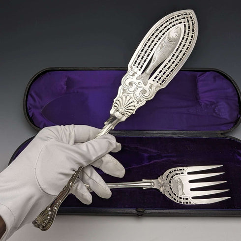 Late 19th century British antique silver plate fish server set in box Levesley Brothers