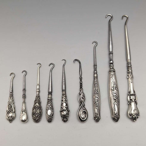 Juego de 9 botones de gancho con mango de plata chapada, antigüedades británicas de alrededor de 1910