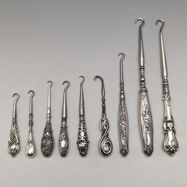 Juego de 9 botones de gancho con mango de plata chapada, antigüedades británicas de alrededor de 1910