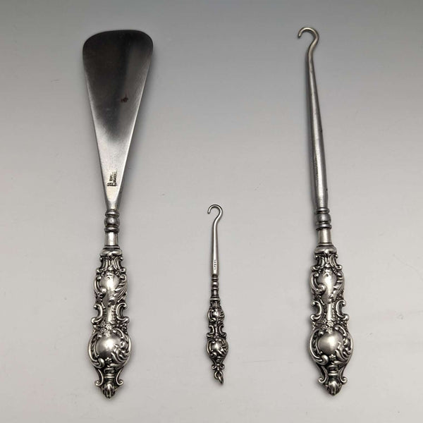 Calzador y juego de 2 ganchos para botones con mango de plata esterlina, antigüedad británica de 1912, Adie & Lovekin