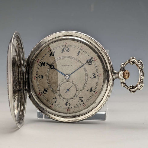 Reloj de bolsillo Longines antiguo de alrededor de 1924, caja saboneta extraplana de plata, en buen estado de funcionamiento