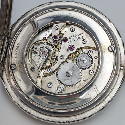 Reloj de bolsillo Longines antiguo de alrededor de 1924, caja saboneta extraplana de plata, en buen estado de funcionamiento