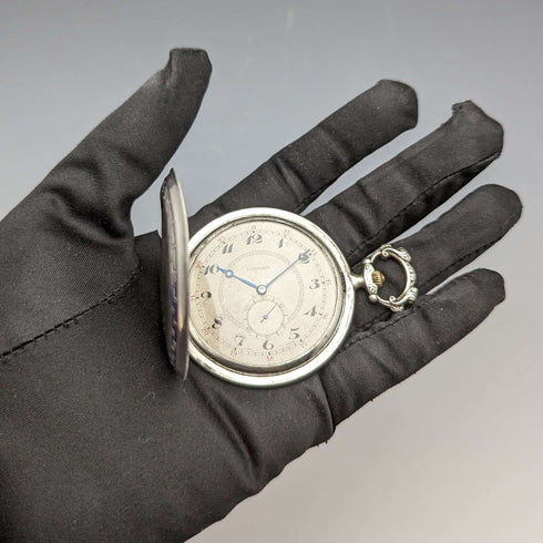 Reloj de bolsillo Longines antiguo de alrededor de 1924, caja saboneta extraplana de plata, en buen estado de funcionamiento