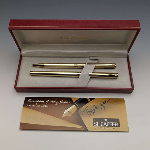 Juego de pluma estilográfica y bolígrafo vintage Sheaffer de EE. UU., chapado en oro, en estuche