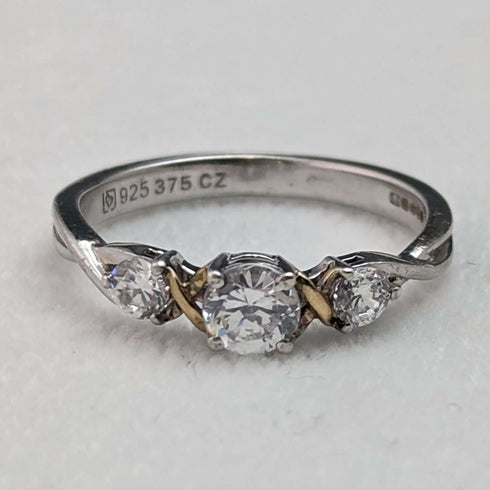 Anillo de plata de ley y oro de 9 quilates con circonita cúbica, joyería vintage británica