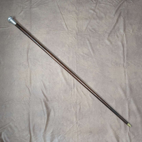 1901 British antique gentleman's walking stick, pure silver, engraved pattern, round handle, 89cm