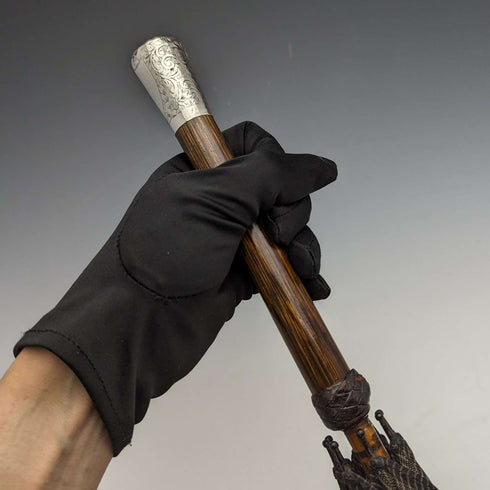 1932 British Vintage Men's Umbrella, Woven Pattern, Sterling Silver, Round Handle, 87cm