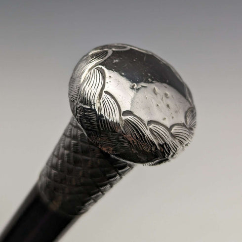 1901 British antique gentleman's walking stick, pure silver, engraved pattern, round handle, 89cm
