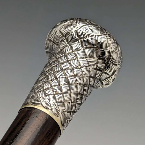 1901 British antique gentleman's walking stick, pure silver, engraved pattern, round handle, 89cm