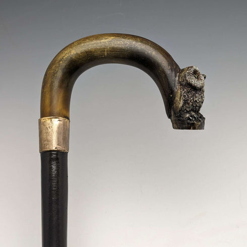 约1900年 英国古董绅士手杖 猫头鹰装饰 弯曲角柄 90厘米