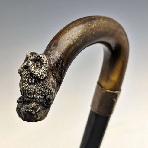 约1900年 英国古董绅士手杖 猫头鹰装饰 弯曲角柄 90厘米