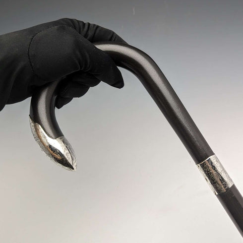 1923 British antique gentleman's cane black shaft pure silver decorative handle 93cm