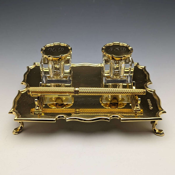 1935年 英國復古 純銀鍍金 筆座&墨水瓶組合 Goldsmiths & Silversmiths