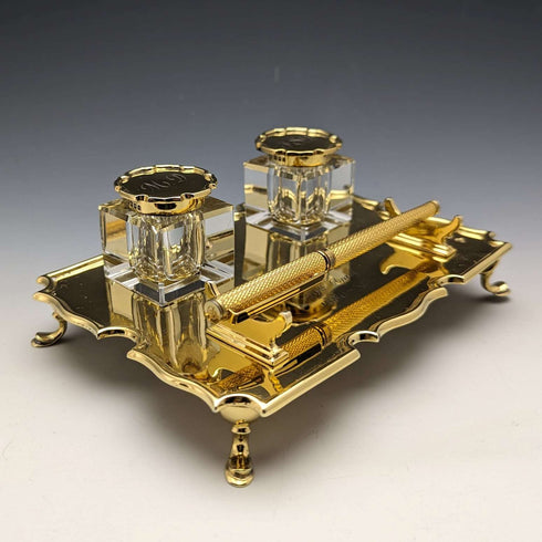 1935년 영국 빈티지 순은 도금 펜 스탠드 & 잉크병 세트 Goldsmiths & Silversmiths