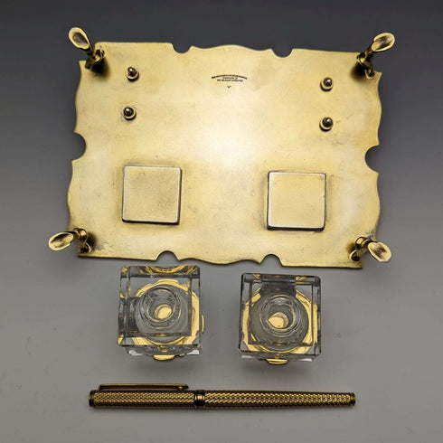 1935년 영국 빈티지 순은 도금 펜 스탠드 & 잉크병 세트 Goldsmiths & Silversmiths