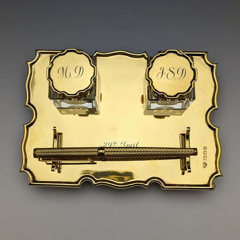 1935년 영국 빈티지 순은 도금 펜 스탠드 & 잉크병 세트 Goldsmiths & Silversmiths