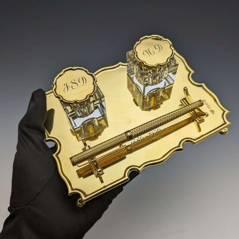 1935년 영국 빈티지 순은 도금 펜 스탠드 & 잉크병 세트 Goldsmiths & Silversmiths