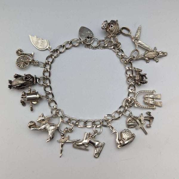 British vintage sterling silver charm bracelet 32g