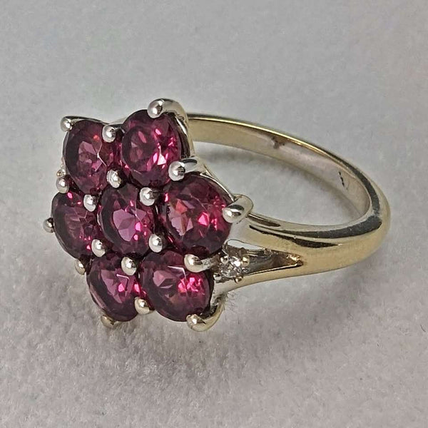 Anillo de plata de ley dorada con flor de granate, joyería vintage británica