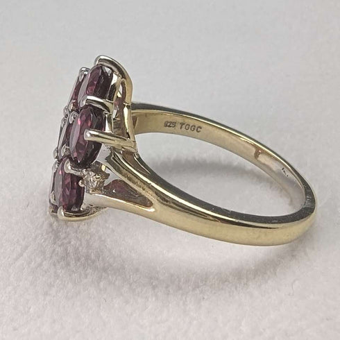 Anillo de plata de ley dorada con flor de granate, joyería vintage británica