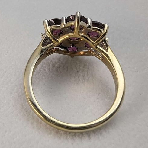 Anillo de plata de ley dorada con flor de granate, joyería vintage británica