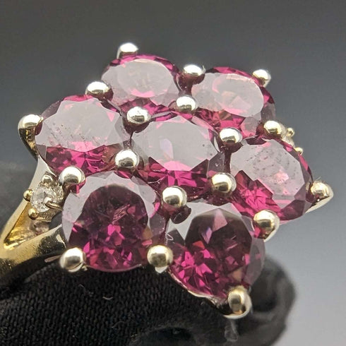 Anillo de plata de ley dorada con flor de granate, joyería vintage británica