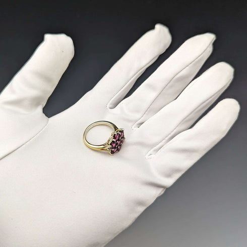 Anillo de plata de ley dorada con flor de granate, joyería vintage británica