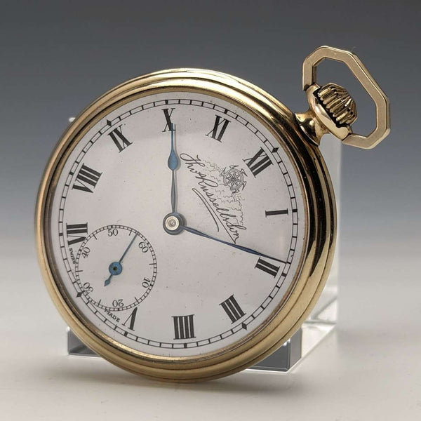 1920s British antique Russell pocket watch gold-plated open face works well