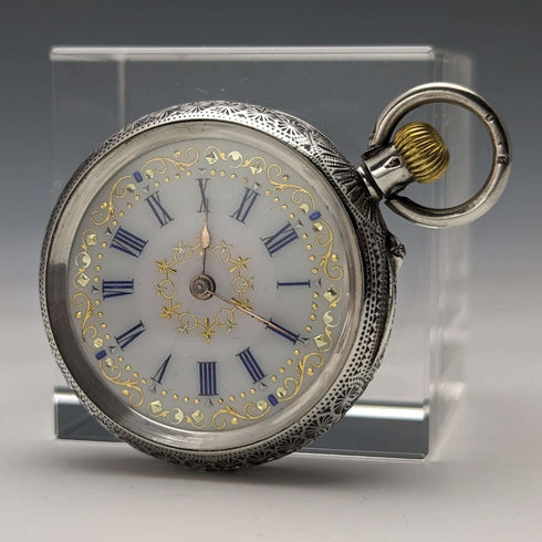 Early 20th century antique Swiss finely engraved pure silver case ladies' pocket watch works well