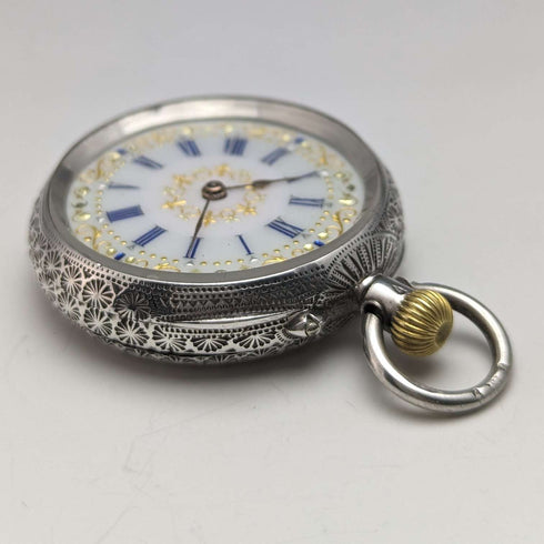 Early 20th century antique Swiss finely engraved pure silver case ladies' pocket watch works well