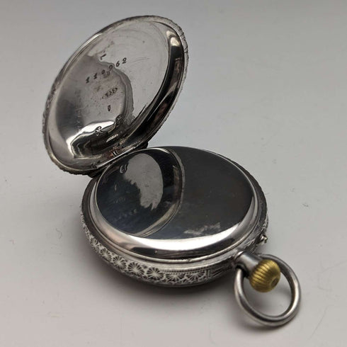 Early 20th century antique Swiss finely engraved pure silver case ladies' pocket watch works well