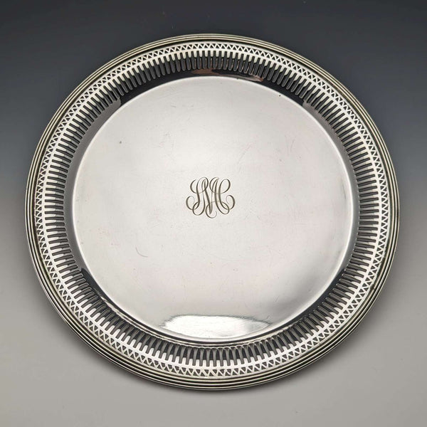 Bandeja de plata chapada antigua de principios del siglo XX, EE. UU., diámetro 28 cm, Gorham