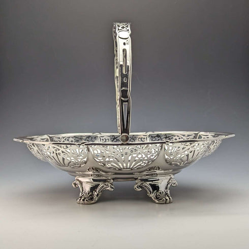 1907年 英国アンティーク 純銀製バスケット ピアス装飾 可動ハンドル 347g Walker&Hall