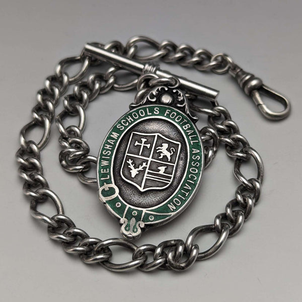 Cadena Albert de plata de ley vintage británica, 36 g, con medalla de plata de ley