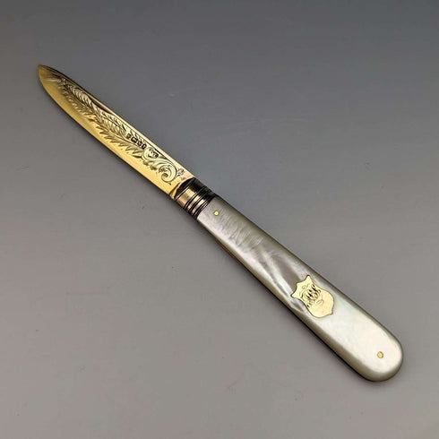 1888년 영국 앤틱 자개 핸들 순은 블레이드 폴딩 펜나이프 (케이스 포함)