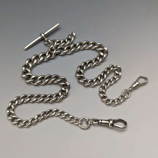 Cadena Albert doble de plata de ley, antigua, de origen británico, circa 1920, 53 g, sin fob.