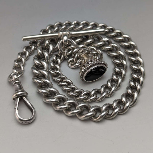 Cadena Albert de plata esterlina antigua británica, c. 1902, 39 g, con sello de ónix negro