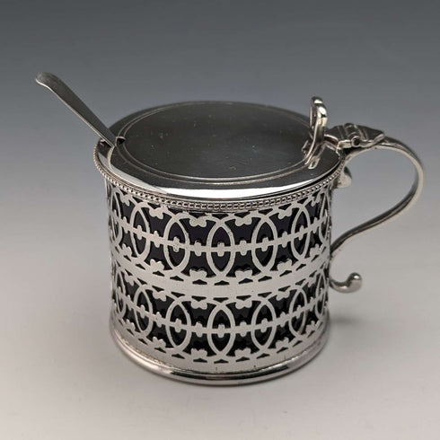 Mostaza y cuchara de plata esterlina y cristal azul, antigüedad inglesa de 1910, Vander & Hedges