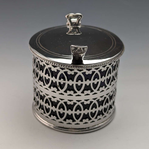 Mostaza y cuchara de plata esterlina y cristal azul, antigüedad inglesa de 1910, Vander & Hedges