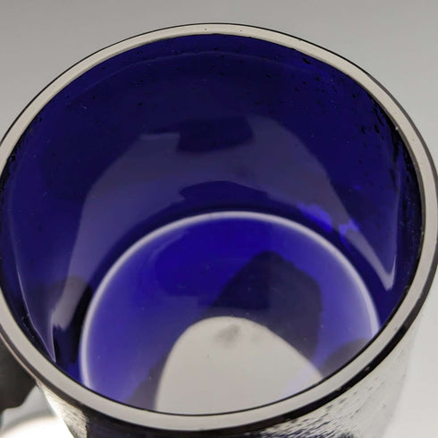 Mostaza y cuchara de plata esterlina y cristal azul, antigüedad inglesa de 1910, Vander & Hedges