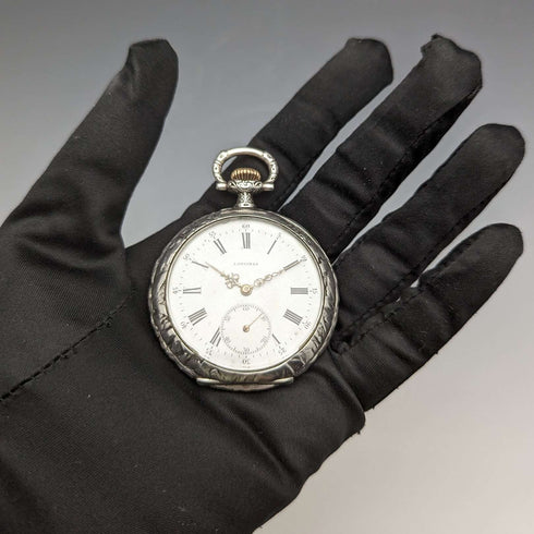 1911 年左右古董浪琴表懷錶浮雕雕刻銀色側開面效果很好