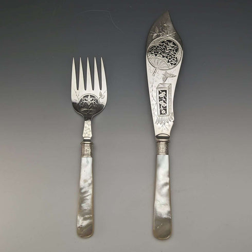 Around 1870 British Antique White Pearl Shell Handle Silver Plated Fish Server Pair in Case