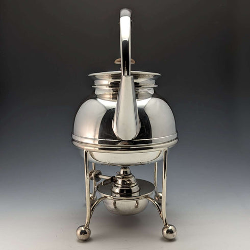 Juego de hervidor y soporte con quemador, vintage inglés, chapado en plata, hacia 1930, George Wish