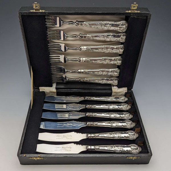 Juego de 6 pares de cubiertos para carne de plata esterlina, vintage británico de 1973, con mangos de plata y estuche, Harrison Brothers