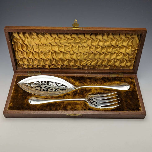Juego de servidores para pescado de plata chapada, antigüedad británica de finales del siglo XIX, por LEE & WIGFULL, en caja de madera