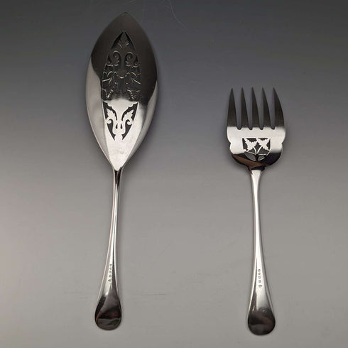 Juego de servidores para pescado de plata chapada, antigüedad británica de finales del siglo XIX, por LEE & WIGFULL, en caja de madera