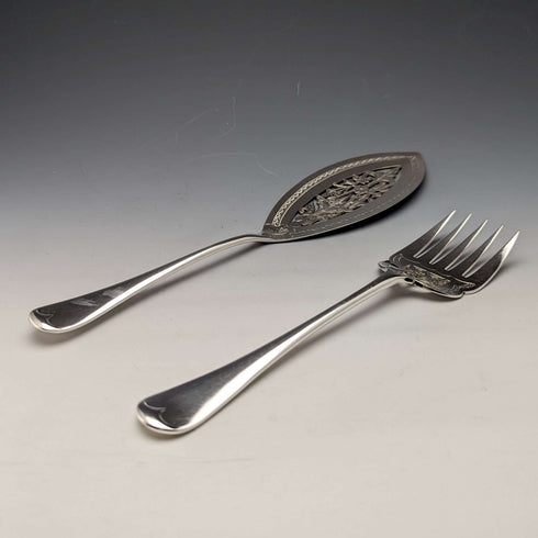 Juego de servidores para pescado de plata chapada, antigüedad británica de finales del siglo XIX, por LEE & WIGFULL, en caja de madera